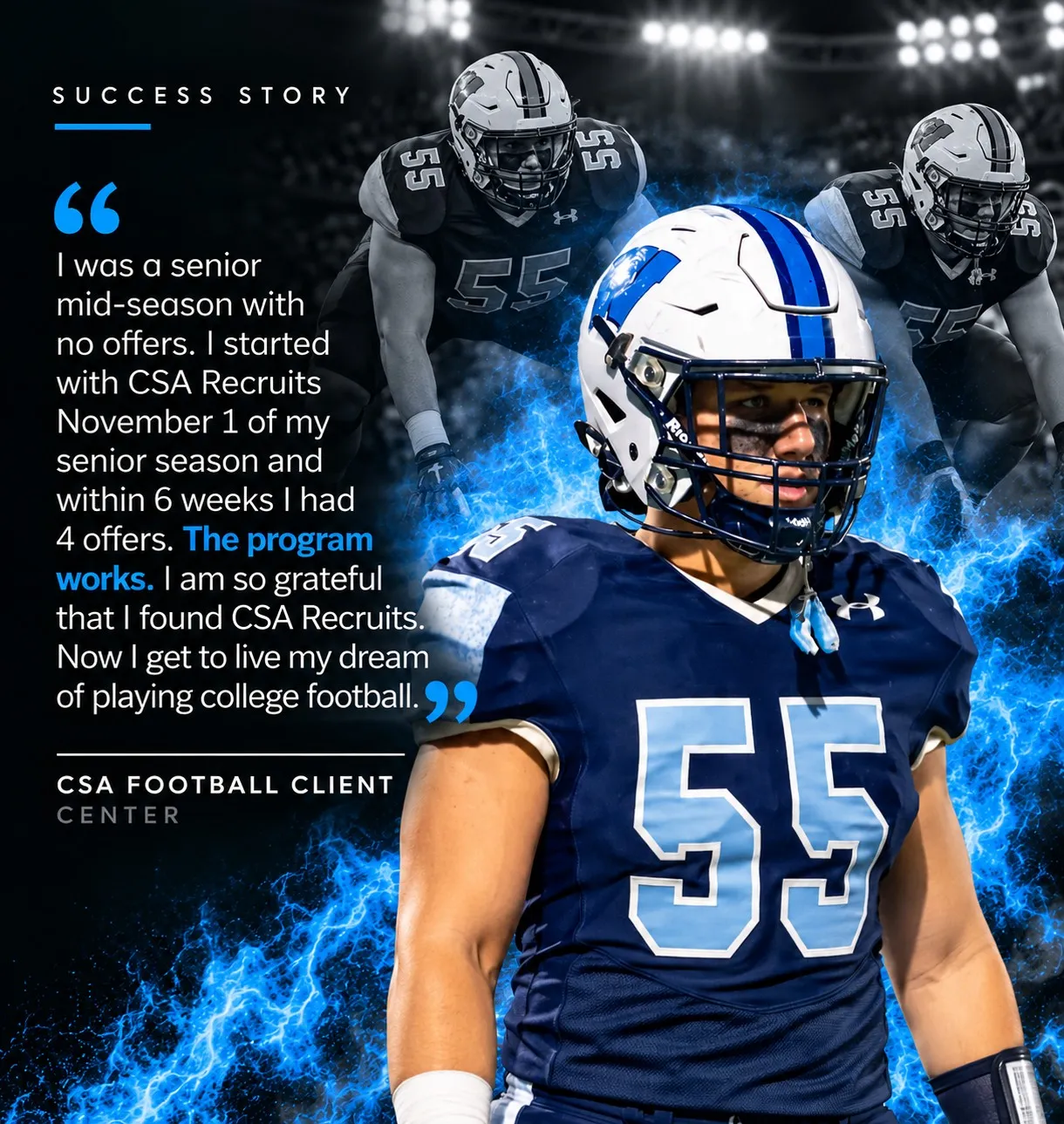 “I was a senior mid-season with no offers. I started with CSA Recruits November 1 of my senior season and within 6 weeks I had 4 offers. The program works. I am so grateful that I found CSA Recruits. Now I get to live my dream of playing college football.” — CSA Football Client, Center